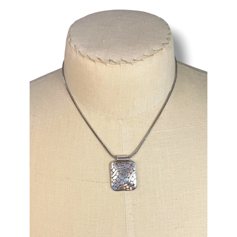 Brighton Reversible Silver Tone Pebble Swirl Rectangle Pendant Snake Chain 19"